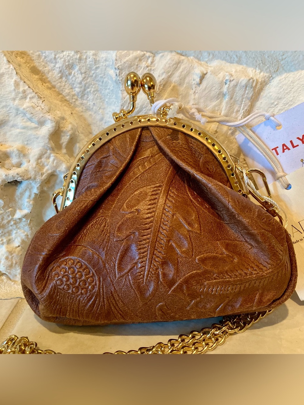 NWT Isadora Italy curio brown leather embossed mini but mighty crossbody bag